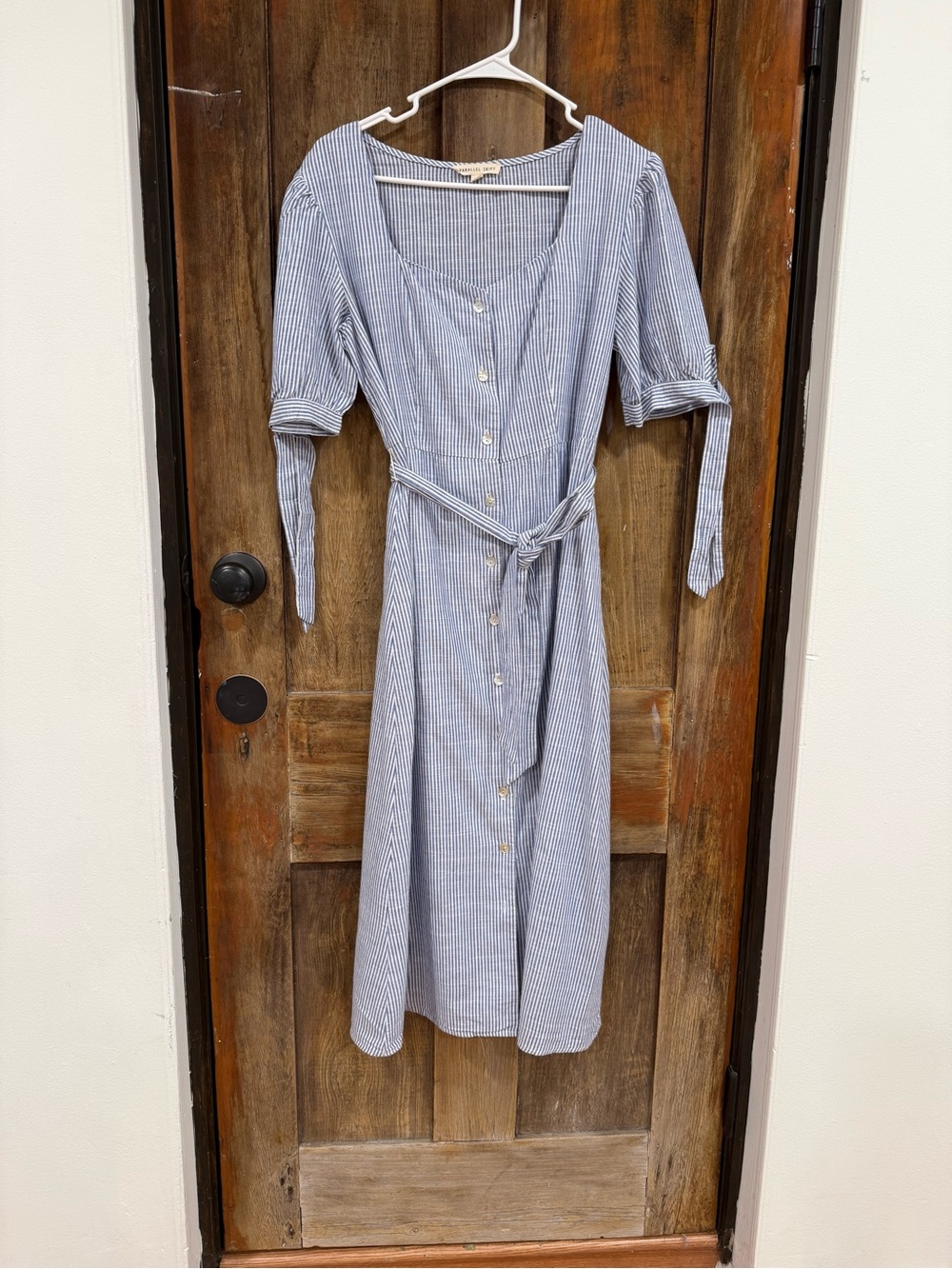 Blue Stripe Button-Front Midi Dress with Tie Waist